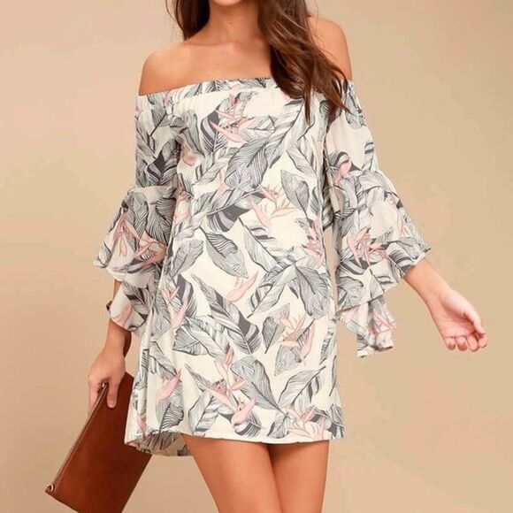 Lulu's Dresses & Skirts - Lulu’s Sun-Drenched Daydream Beige Floral Print Off-the-Shoulder Dress Small